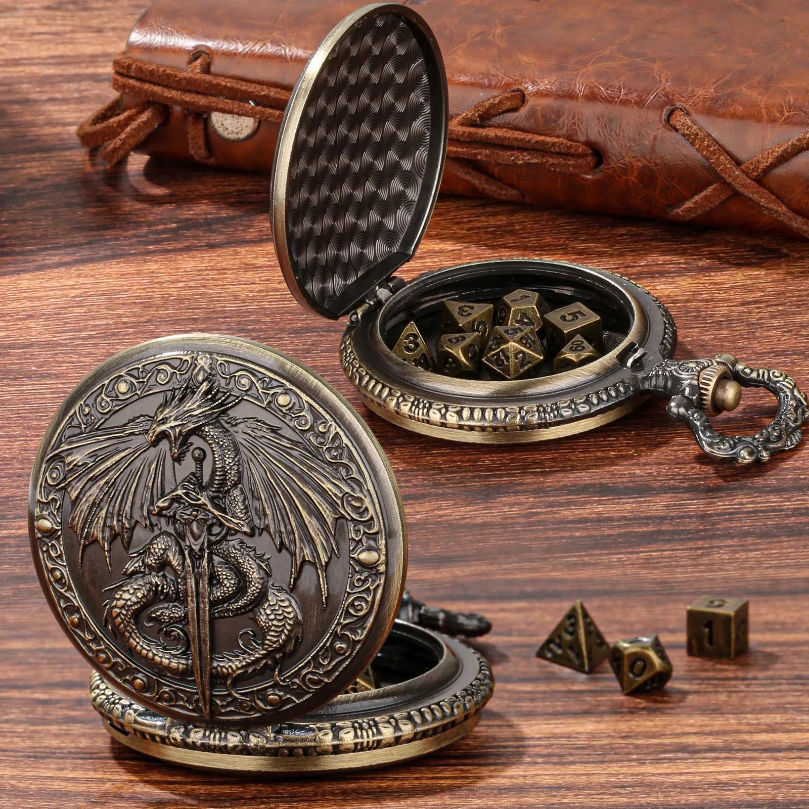Zinc alloy DND dice storage case with winged beast and sword relief in bronze finish