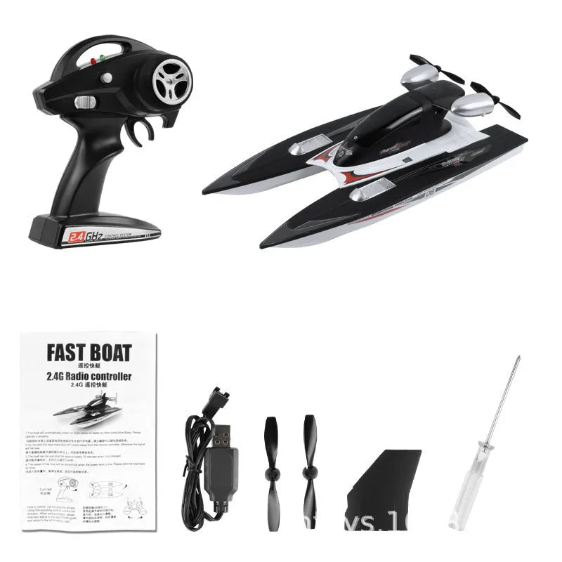 Black plastic high-speed 2.4G remote control toy boat with handle remote and spare propellers