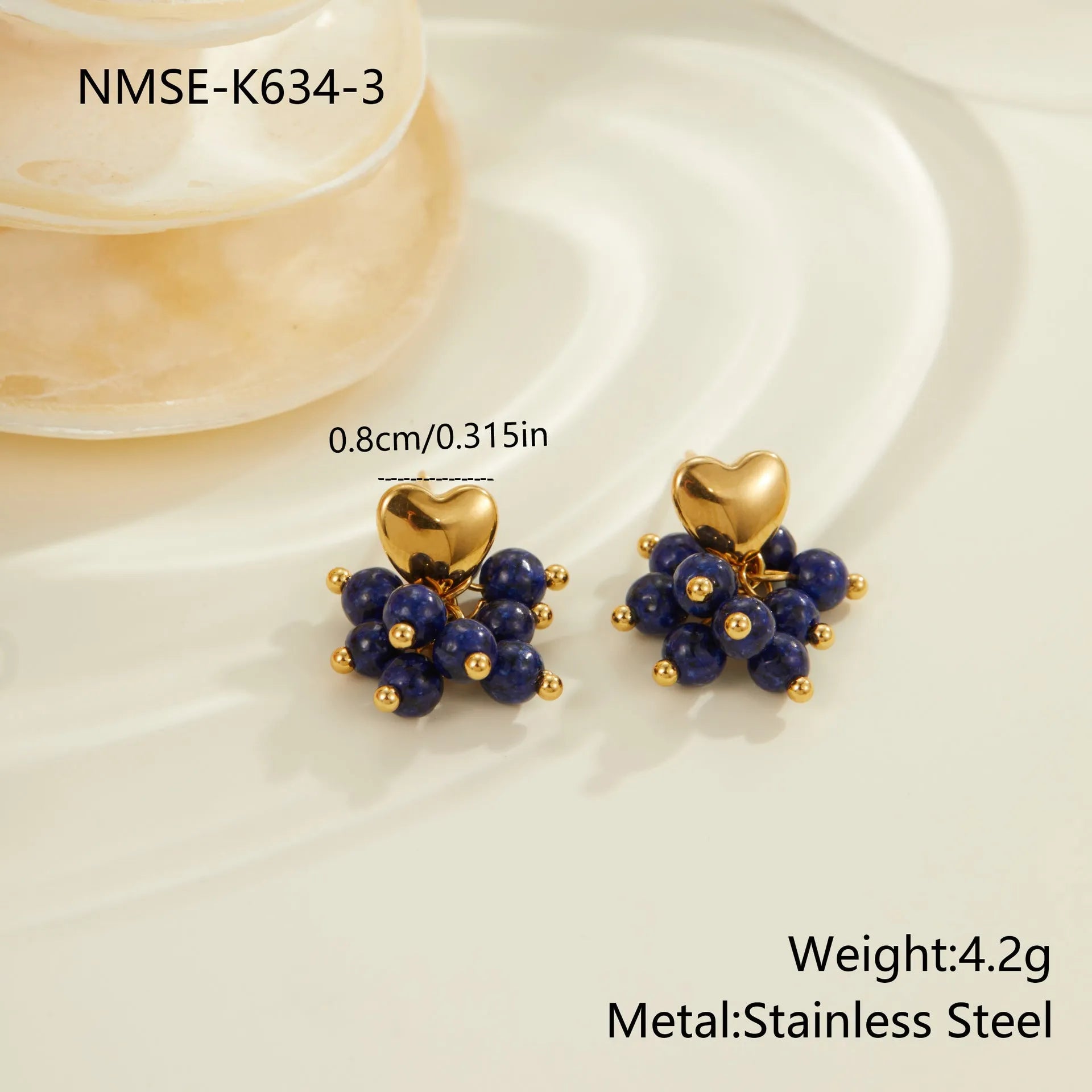 Retro natural stone beaded earrings stainless steel 18K electroplated heart geometric shape for women