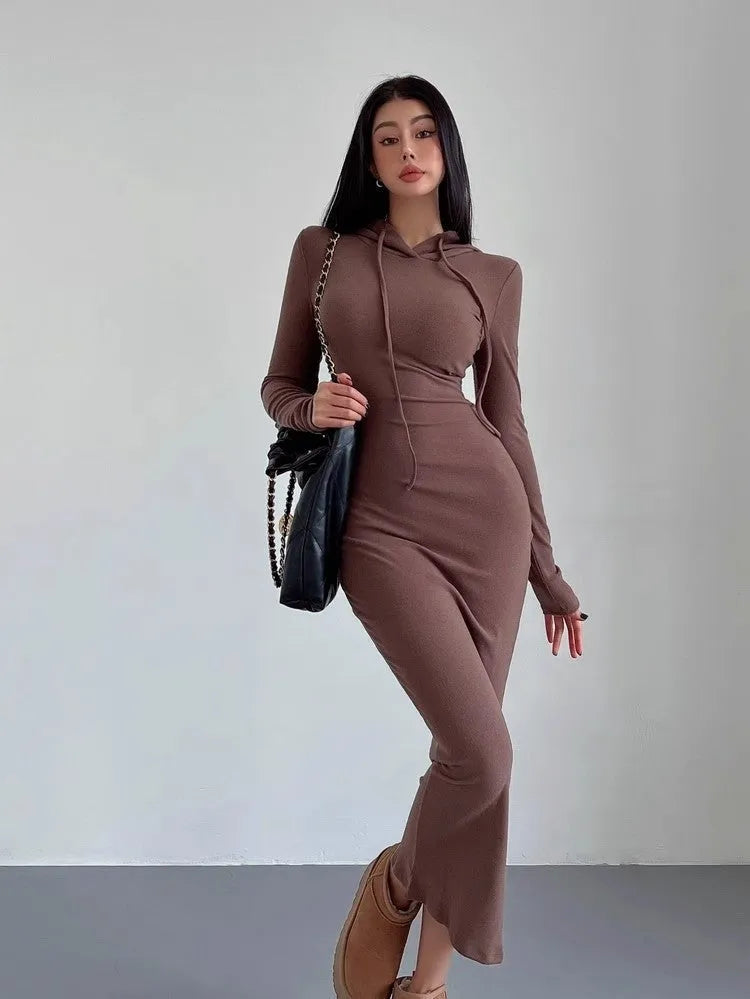 Women's hooded long sleeve sheath dress in polyester fabric with over-the-knee length
