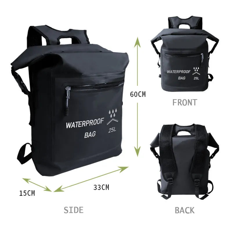 Black outdoor waterproof backpack with a 25-litre capacity for swimming and rafting.