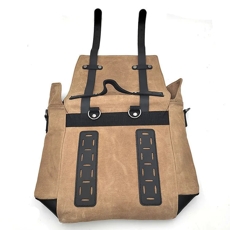Waterproof canvas motorcycle side bag with cowhide reinforcement showing dimensions and colour options