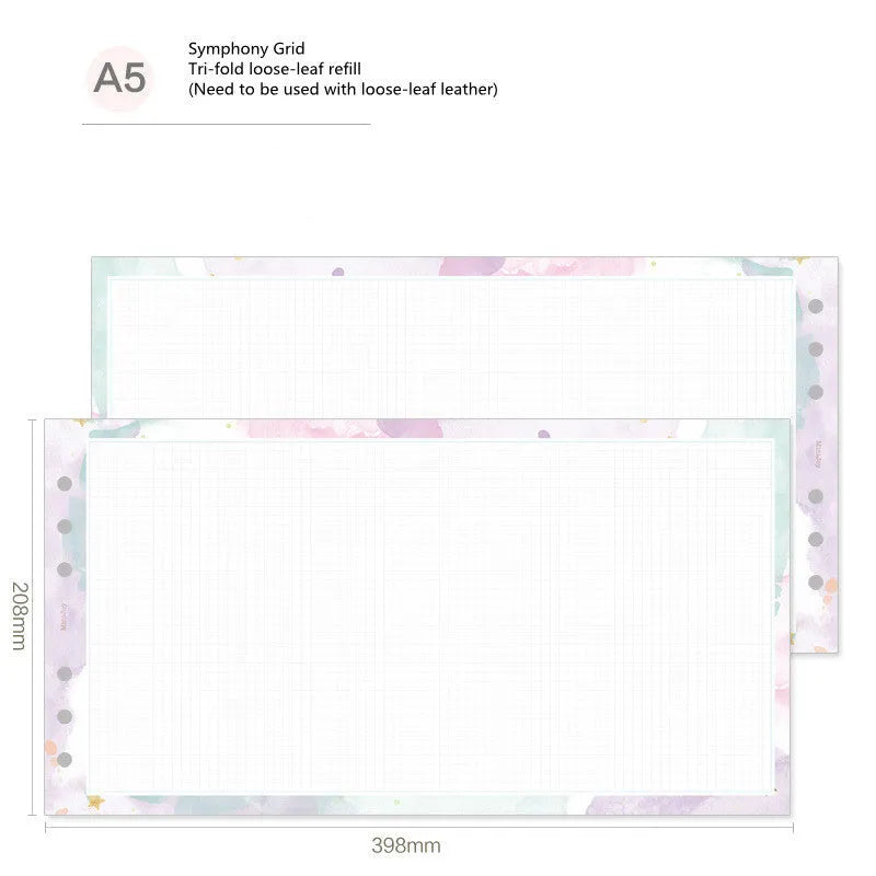 Loose-leaf refill paper sheets showing floral monthly planner and tri-fold schedule layouts in A7, A6, and A5 sizes.