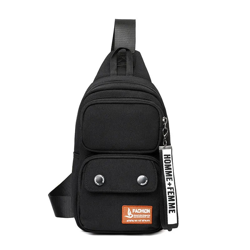 Outdoor leisure crossbody shoulder bag in nylon, shown in black, beige contrast, and light brown contrast colour options.