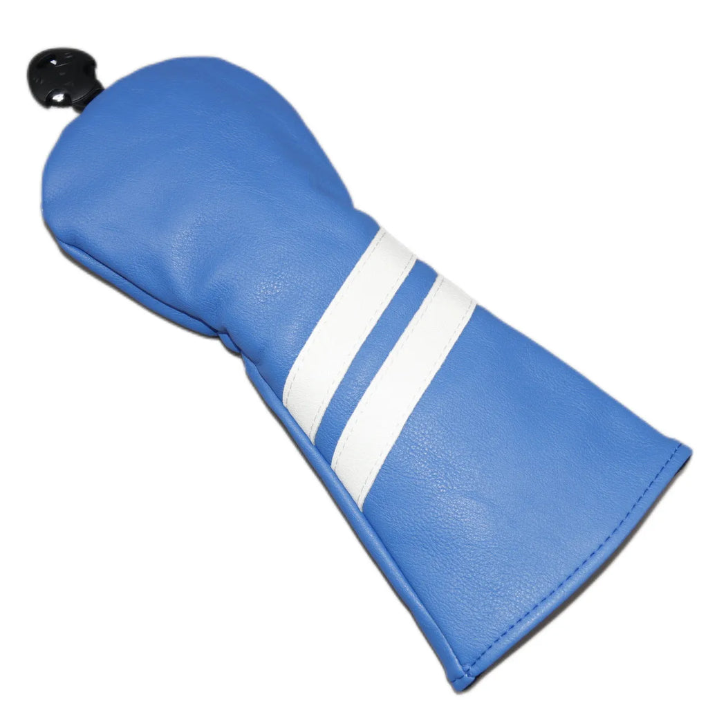 Golf wood club head cover with two oblique stripes, shown in blue, with size options large, medium, and small.