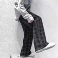 Men's black plaid loose fit straight leg casual trousers with Japanese-inspired design