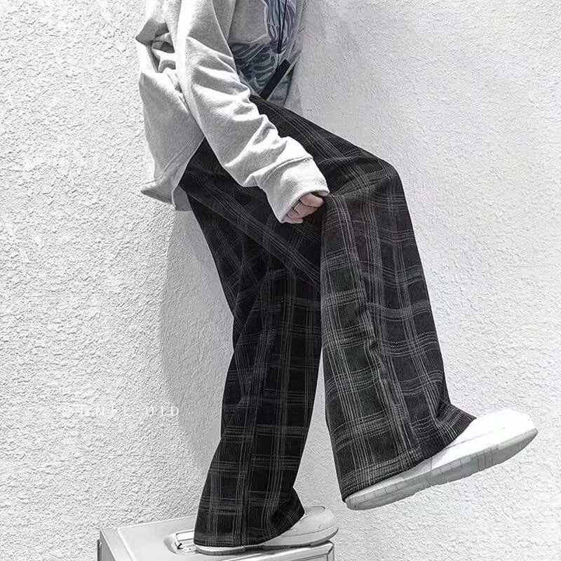 Men's black plaid loose fit straight leg casual trousers with Japanese-inspired design