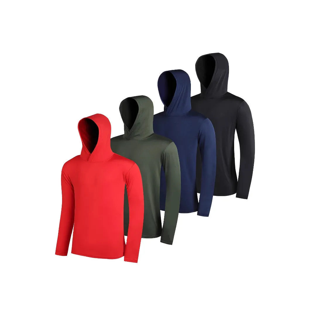 Pack of men's lightweight polyester hoodies in assorted colours on hangers