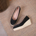 Apricot wedge high heel pumps with thick sole, rope heel detail, and shallow mouth.