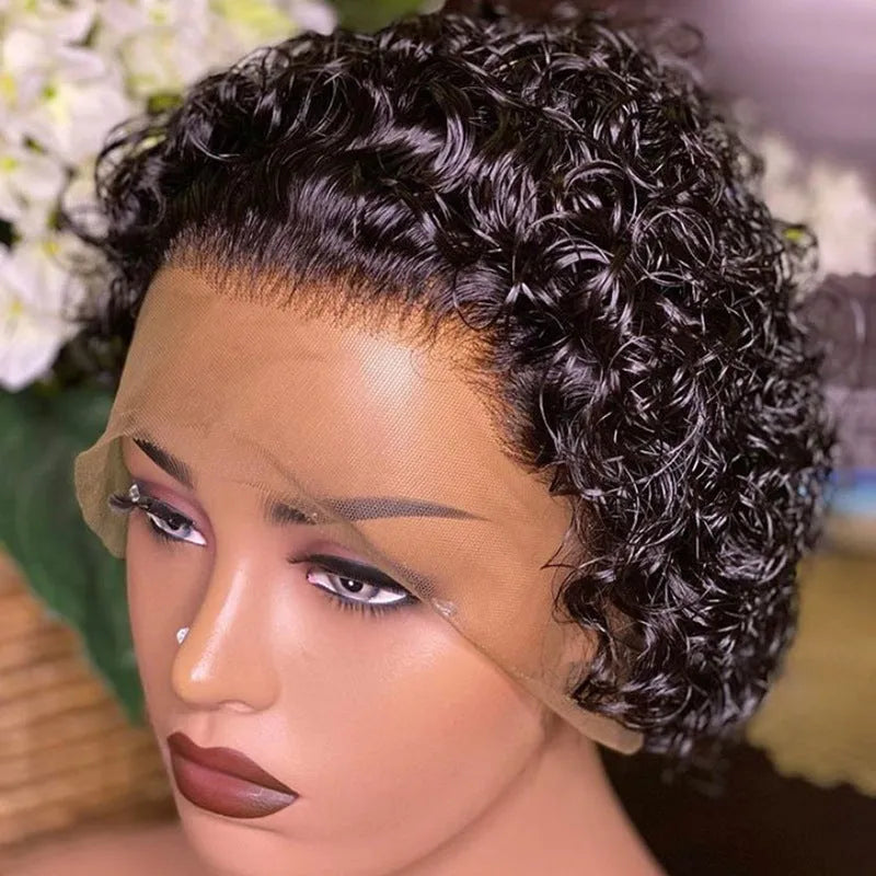 Black human hair pixie wig lace hair cover for daily wear, colour 13x1.