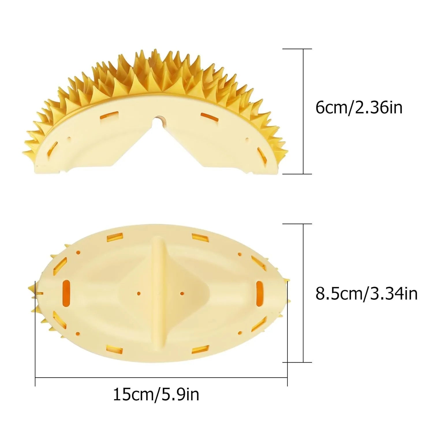 Yellow durian-shaped cat corner scratcher mounted on wall with catnip powder packet
