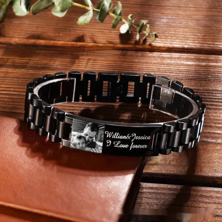 Titanium steel bracelet with curved heart shape design and black lettering