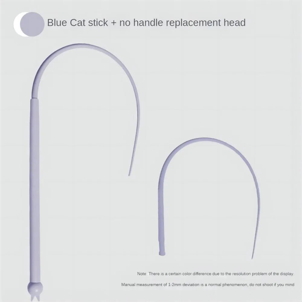 Blue cat teaser wand with a long silicone mouse tail and a cat head design on the ABS handle.