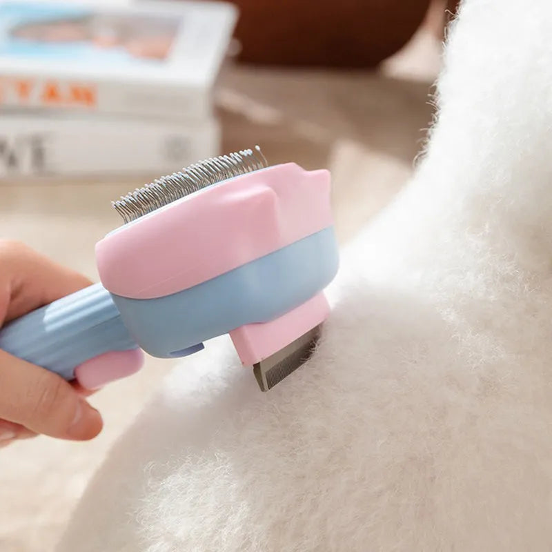 Red and blue pet grooming brush with double-sided deshedding comb for dogs and cats