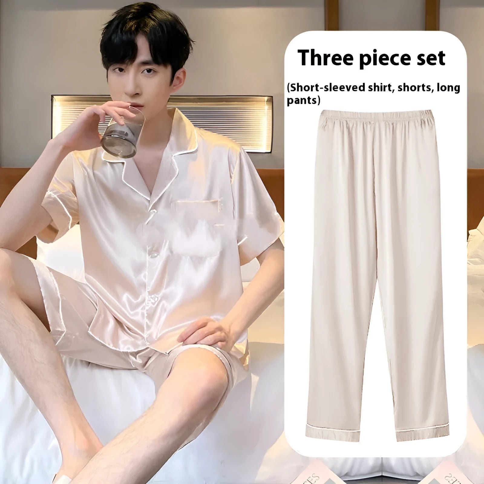 Men's thin ice silk three-piece home wear loungewear set in multiple colours, sizes up to 5XL.