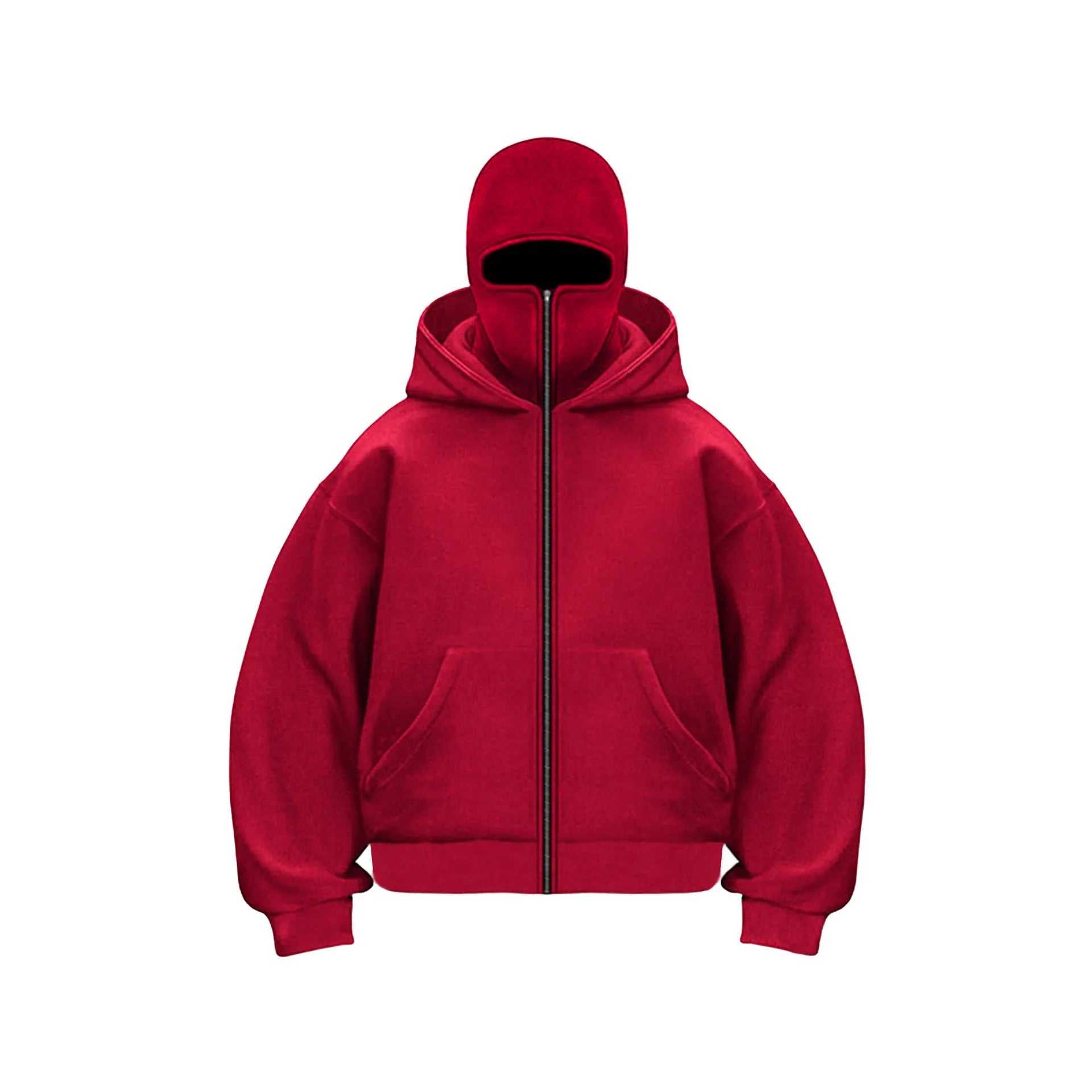 Women's loose fit solid colour polyester fleece zip top with faux fur trim on hood, front view