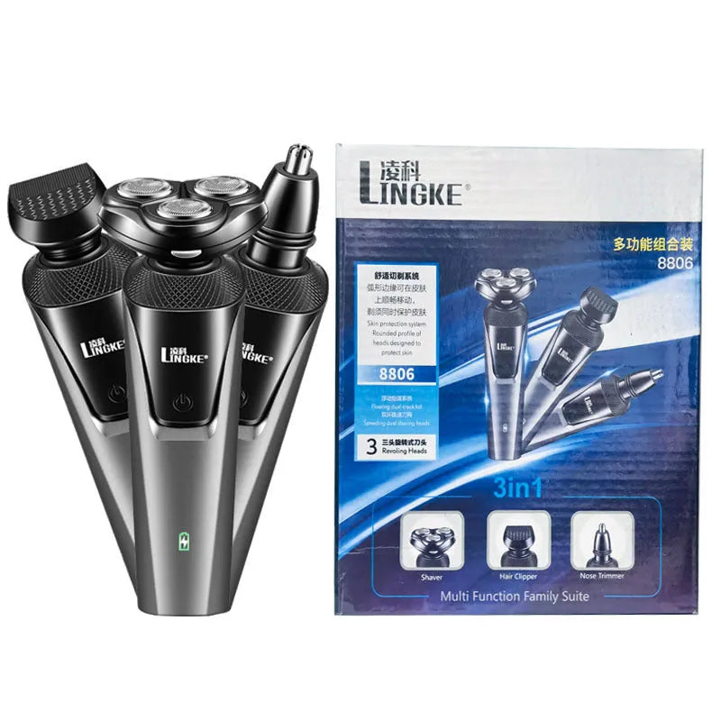 Three-in-one men's electric shaver in blue with USB charging cable