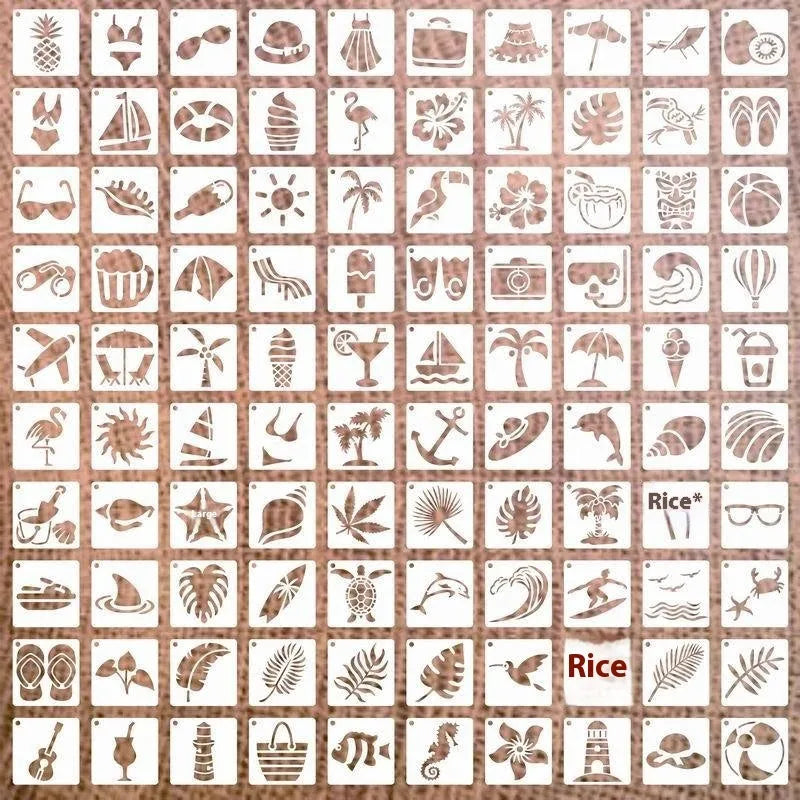 Milky white PET film hollow spray painting stencils showing animal, letter, and floral patterns at 2-inch size