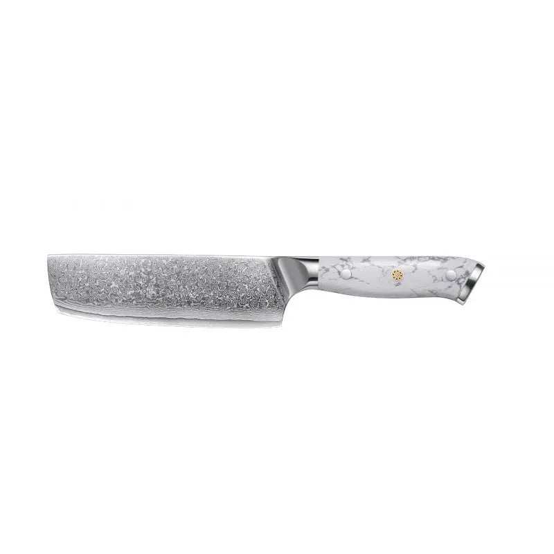 Damascus pattern chef's knife with 21cm VG10 steel blade and 11cm handle showing Japanese knife construction