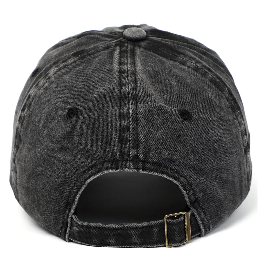 Black cat embroidered washed baseball cap in black, cotton fabric, adjustable size, dome crown style