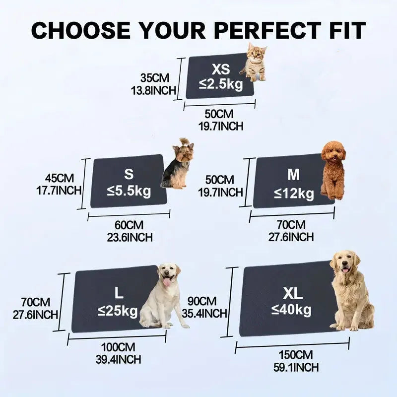 Pack of grey and tan washable, reusable dog pee pads in various sizes on a wooden floor.