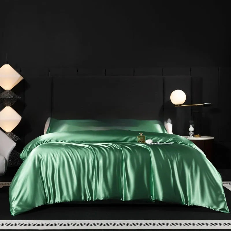 Silk bed sheet four-piece set in solid colours showing multiple size options for household bedding