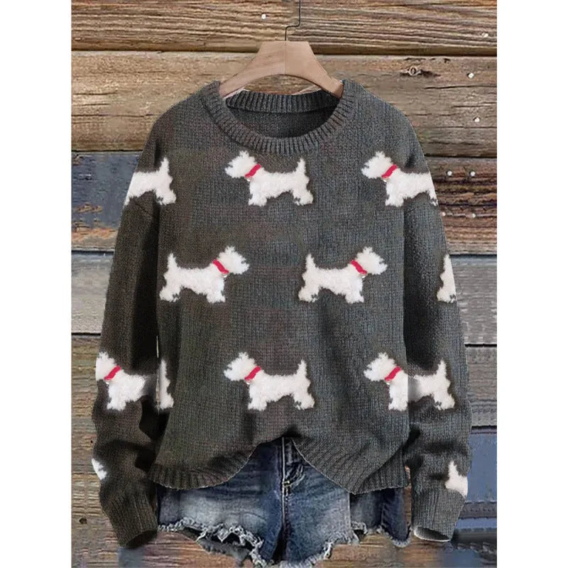 Little flower digital print on a round neck polyester sweater, shown on a hanger.