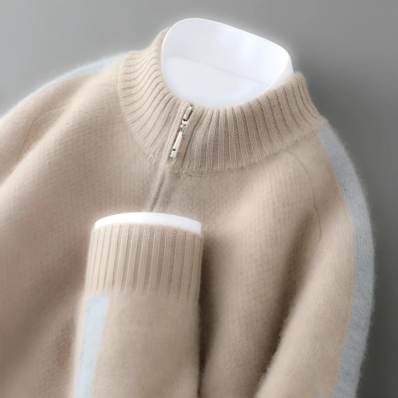 Half-zip round neck slim fit sheep wool knitted sweater in grey.