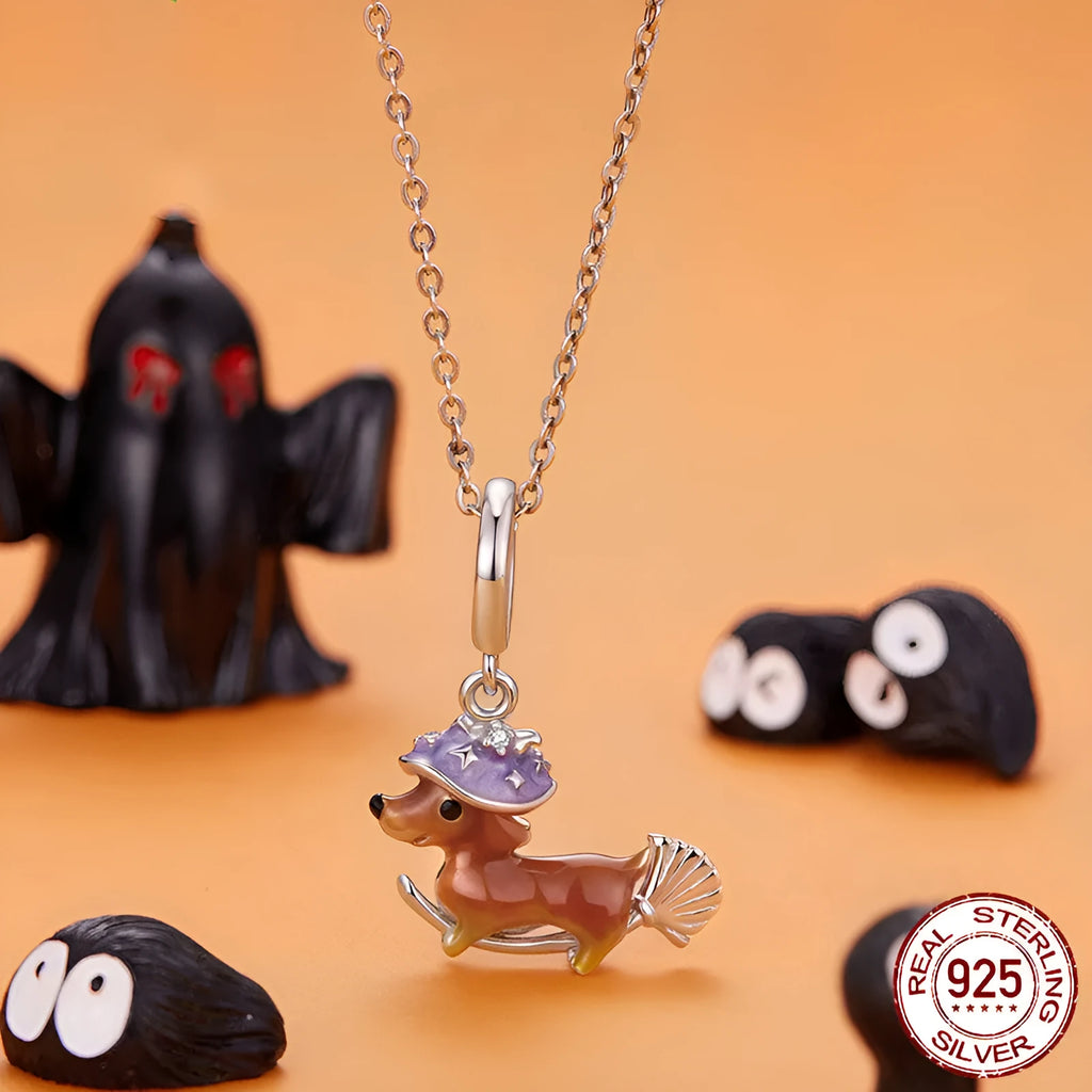 925 sterling silver Halloween magic sausage dog pendant part with pumpkin skull design, 2.4 cm height