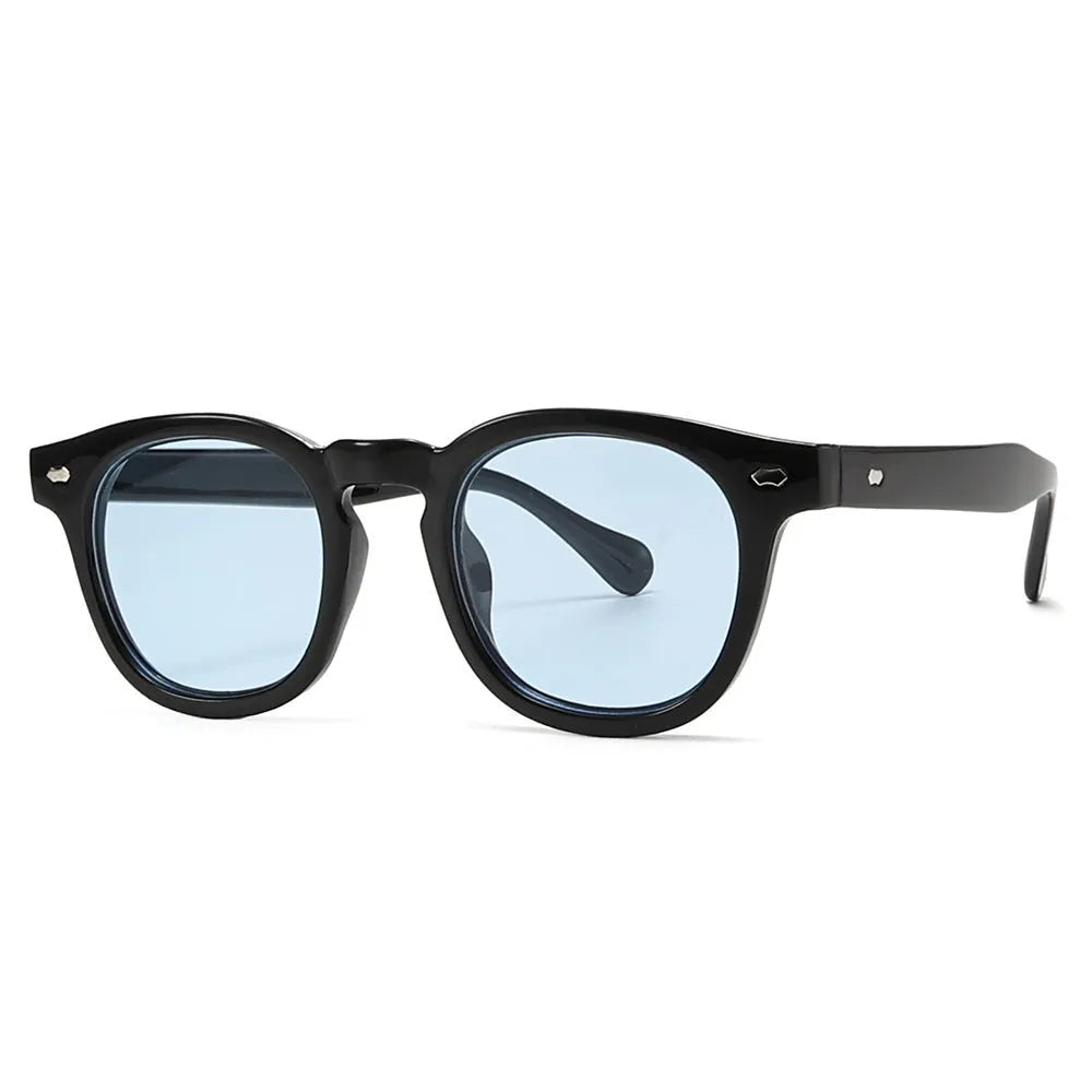 Simple round rim plastic sunglasses shown in a bright black frame with blue lenses on a plain background.