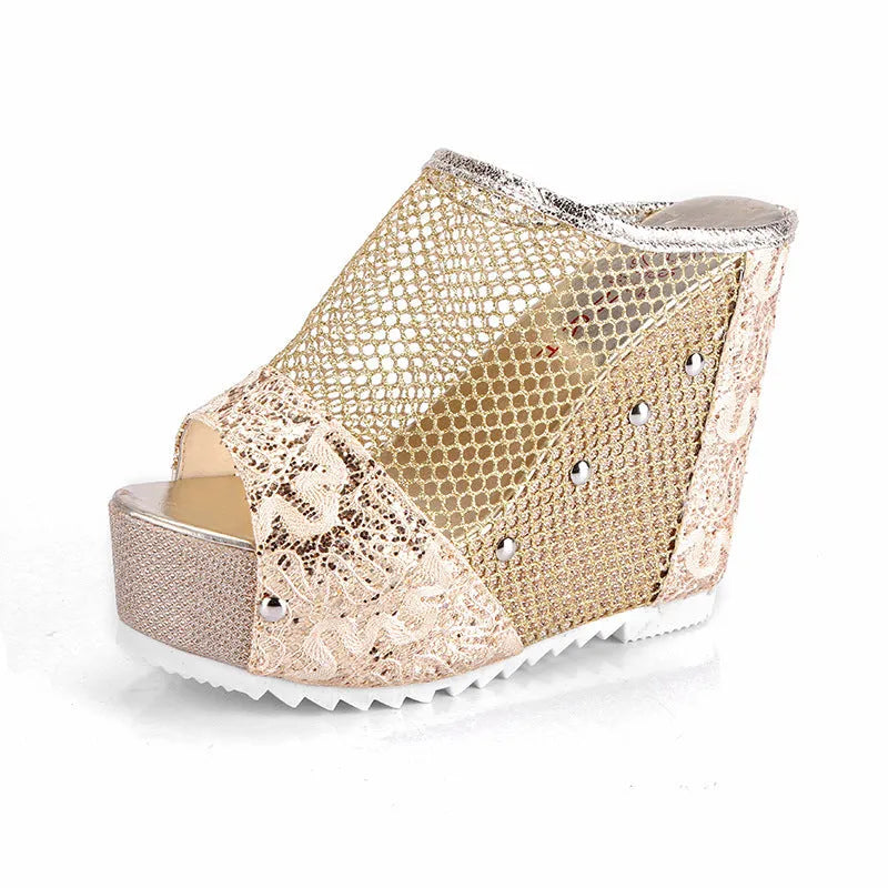 Korean platform sandals with hollowed-out heels, mesh upper, and chunky waterproof soles in black colour