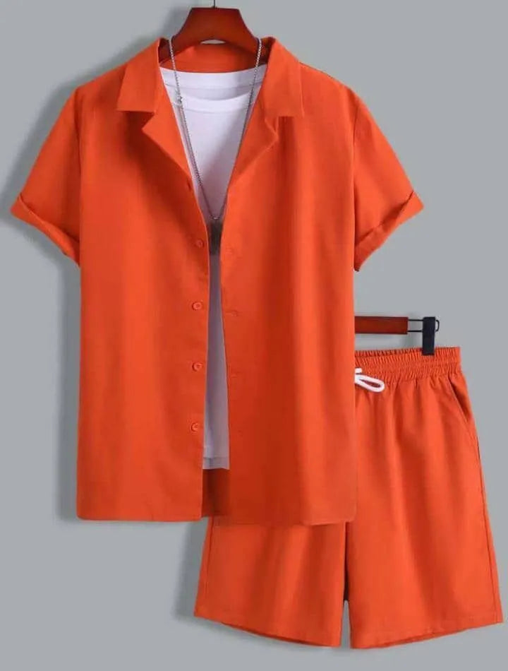 Men's Cuban collar sport suit with short sleeve top and matching shorts in lightweight polyester fabric