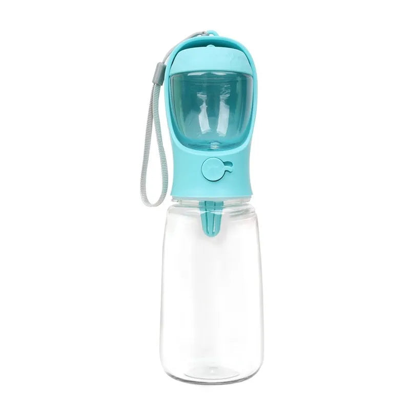 Blue portable dog water bottle with a collapsible bowl extended, showing the two-in-one design.