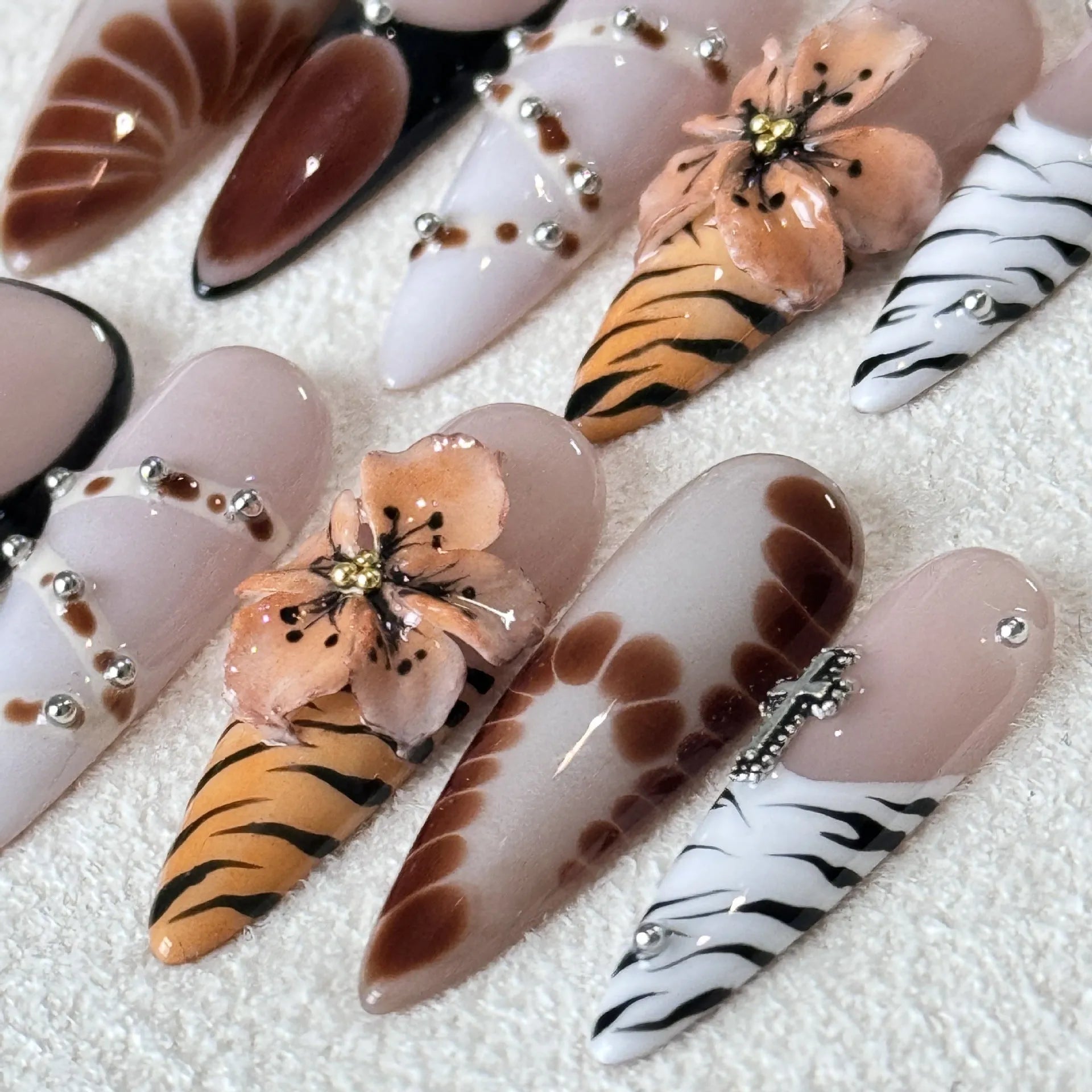 Handmade French style leopard, cross and flower print long tip nail stickers in sizes XS to L.