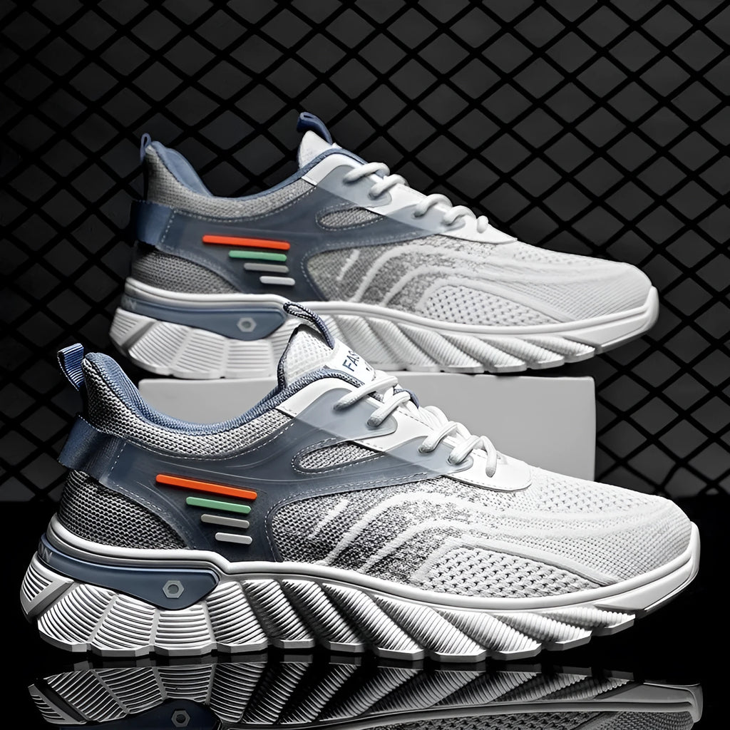 Men's white blue and black platform casual sneakers with mesh upper and cross shoulder straps