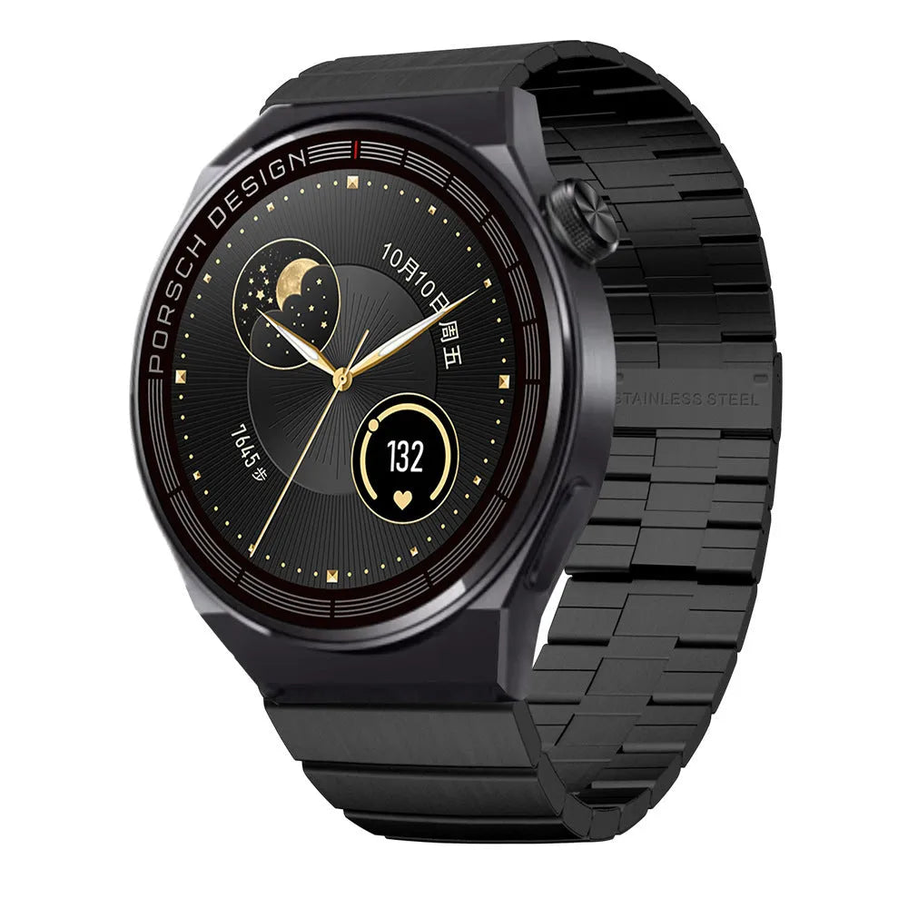 Smartwatch with 1.39 inch glass screen, black shell, black silicone strap, showing step counter screen