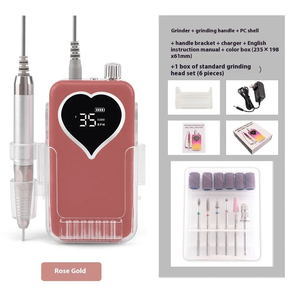 Brushless nail polishing machine with six-piece grinding head set and charger