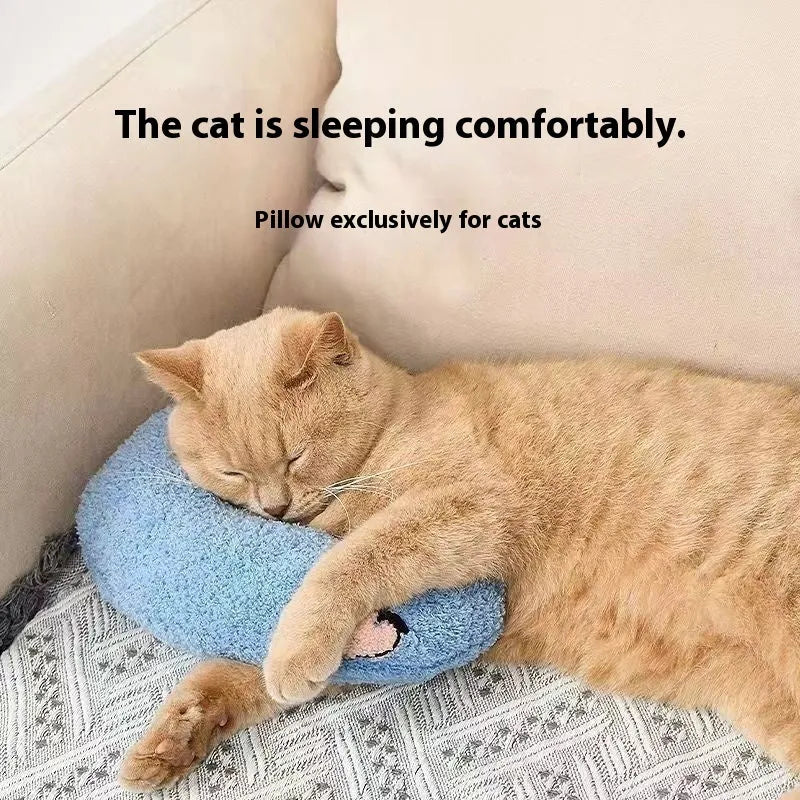 Blue U-shaped cat pillow with a question mark design on a white background
