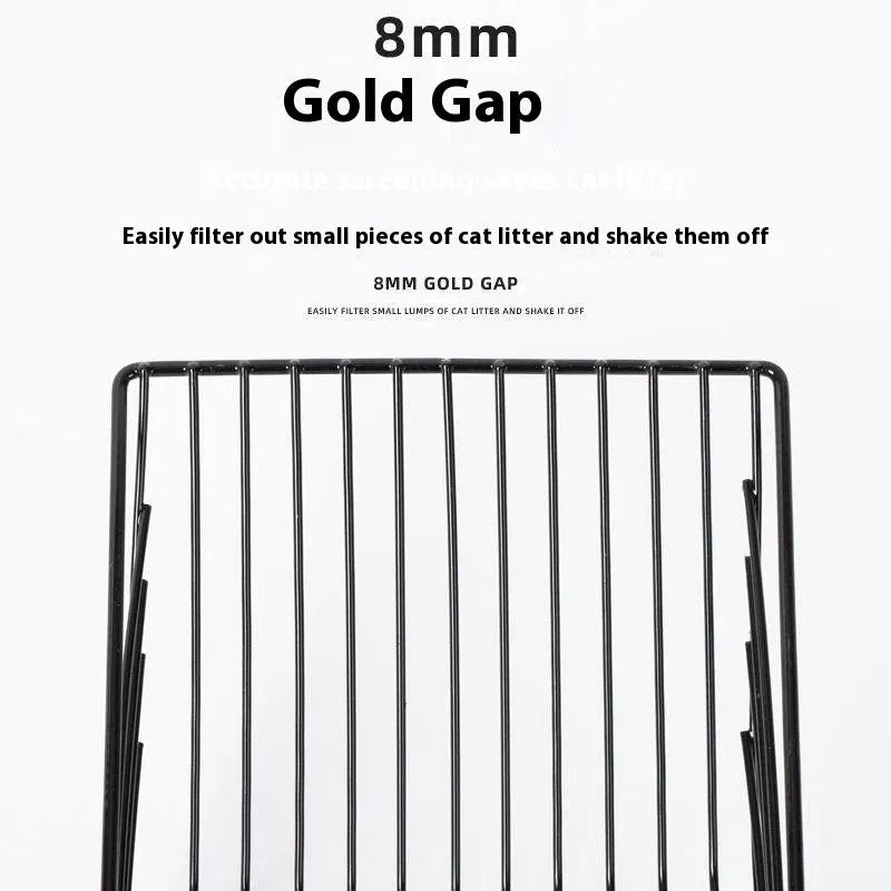 Black alloy metal cat litter scoop with narrow tines and a long handle.