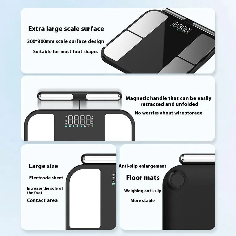 Black electronic household weighing scale with tempered glass platform showing body fat percentage on colour display