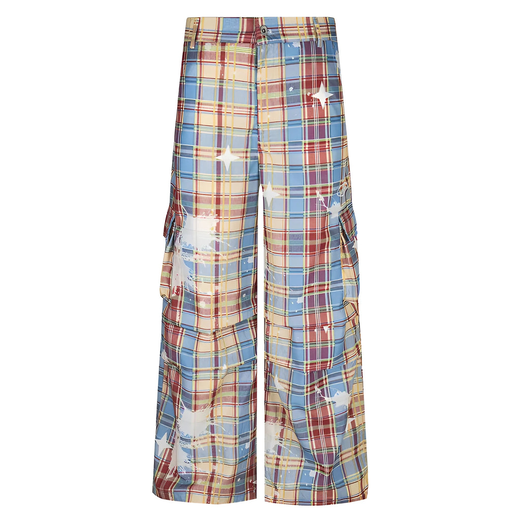 Men's blue retro plaid loose straight-leg casual trousers with mid waist
