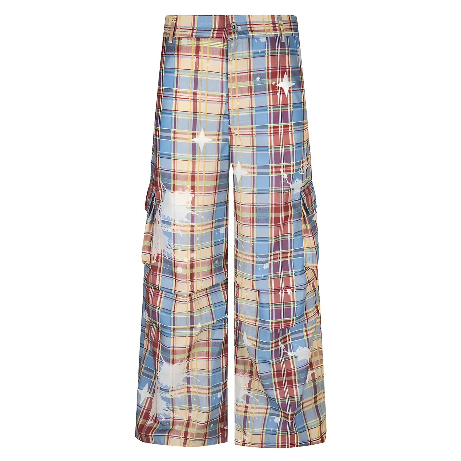 Men's blue retro plaid loose straight-leg casual trousers with mid waist