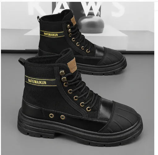 Thick-soled canvas men's casual motorcycle boots with round toe and lace-up fastening in black