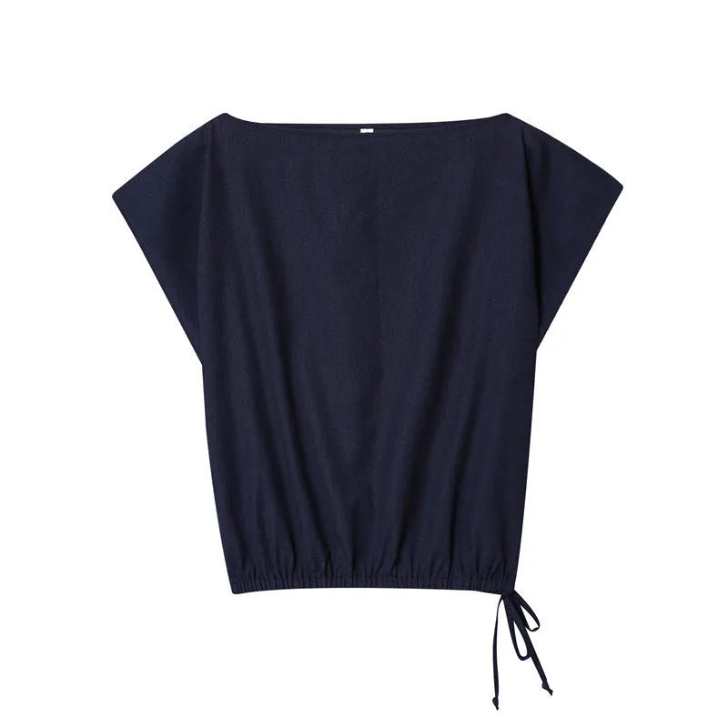 Women's linen blend long sleeve shirt with flounce detail and matching wide leg trousers set on a hanger.