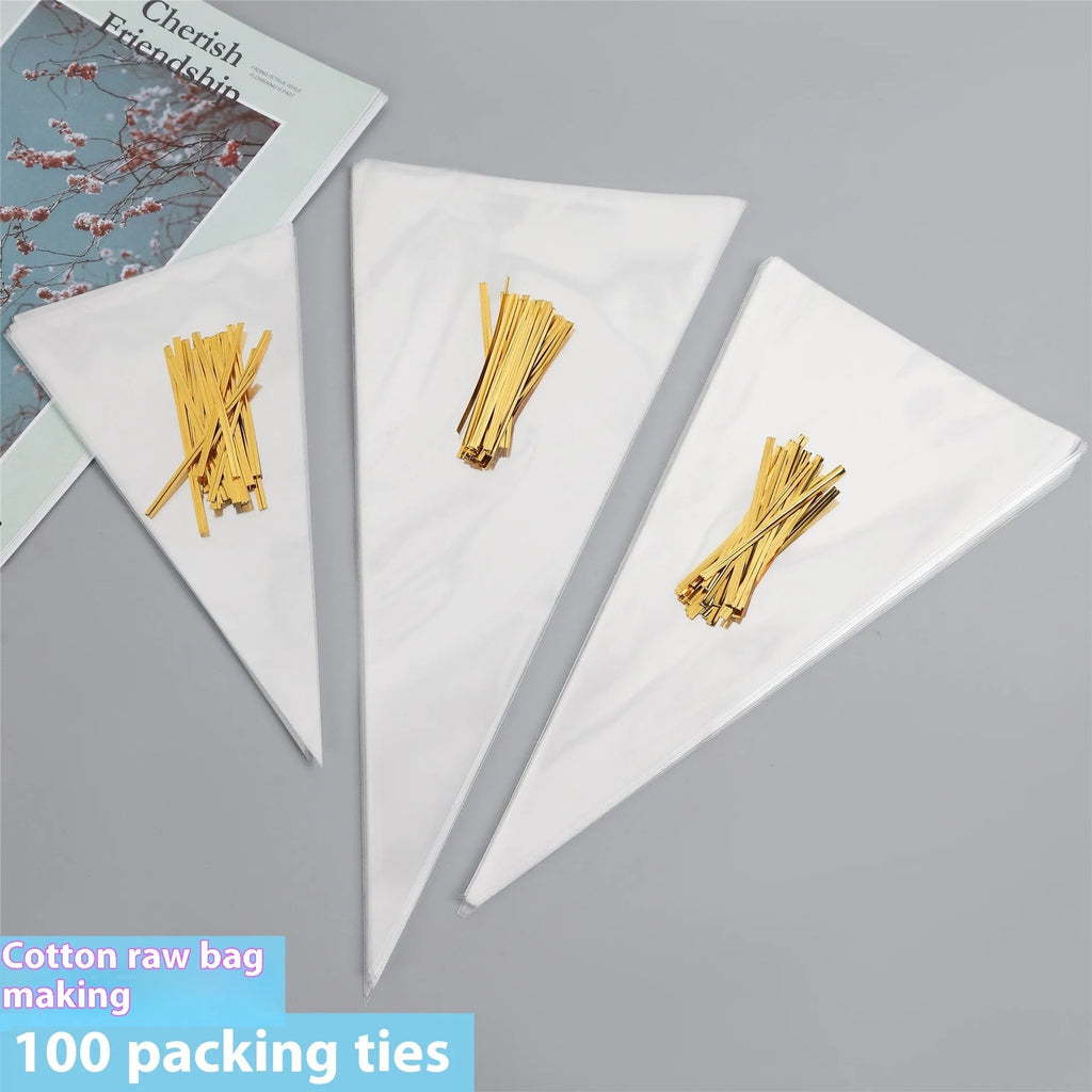 Transparent triangular plastic bag with a red wire tie closure.