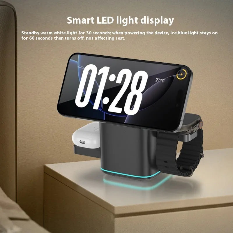 Black and silver mobile phone magnetic wireless charging stand showing 180-degree rotation capability