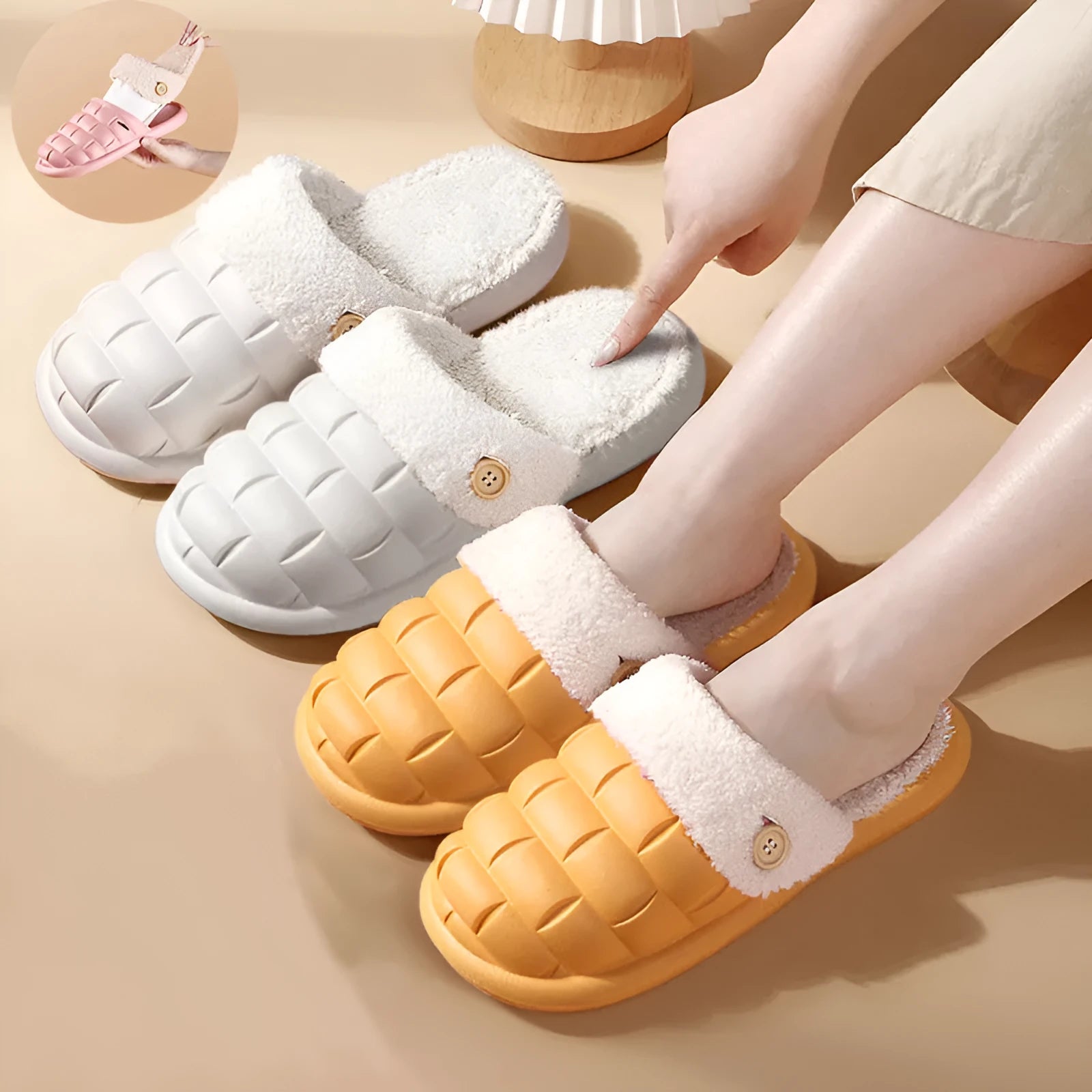 Women's EVA detachable slippers with plush lining in pink, green, yellow, white, grey, or black.