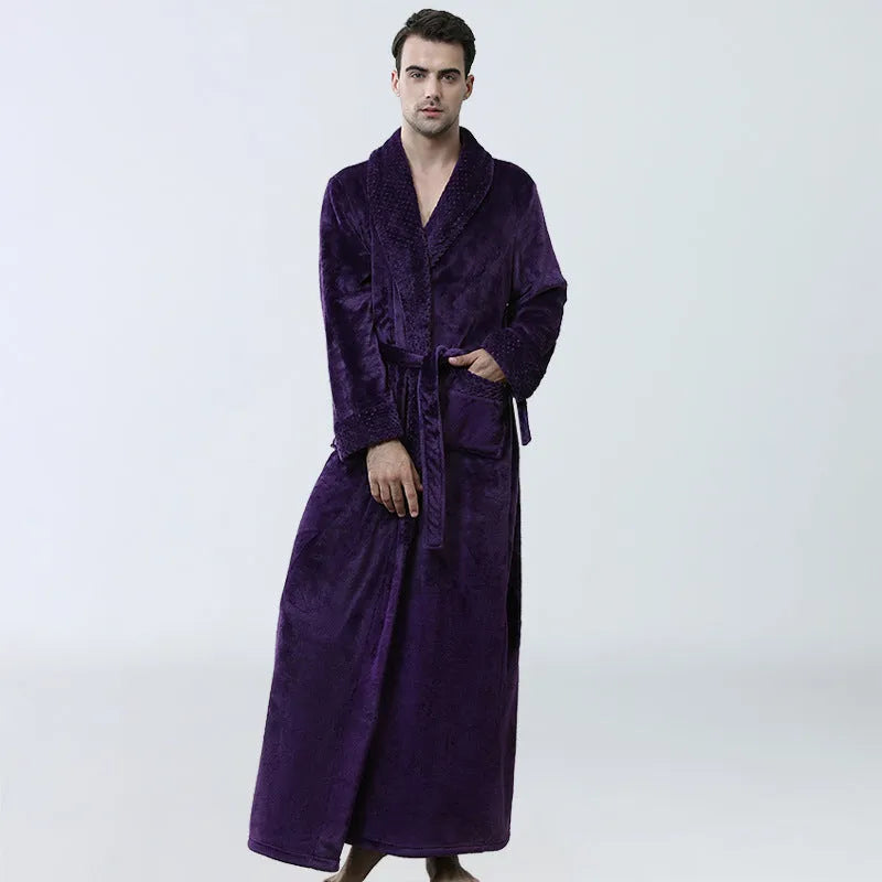 Men's winter flannel nightgown in gray with cardigan style, long sleeves, and knitted texture