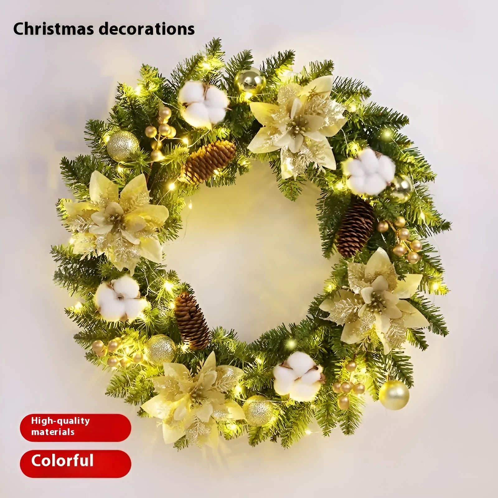 Christmas wreath 40cm diameter handmade PVC with lights red ball flower on door