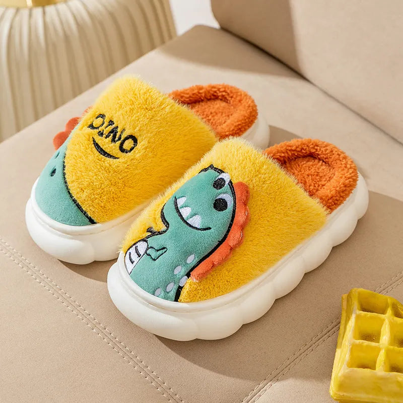 Plush cotton slippers with dinosaur designs and thickened sole for indoor couple use